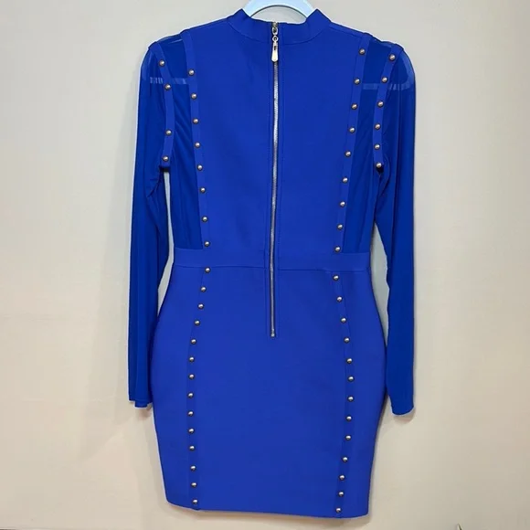 Blue Gold Embellished Bodycon Dress Mock Neck - Picture 3 of 5